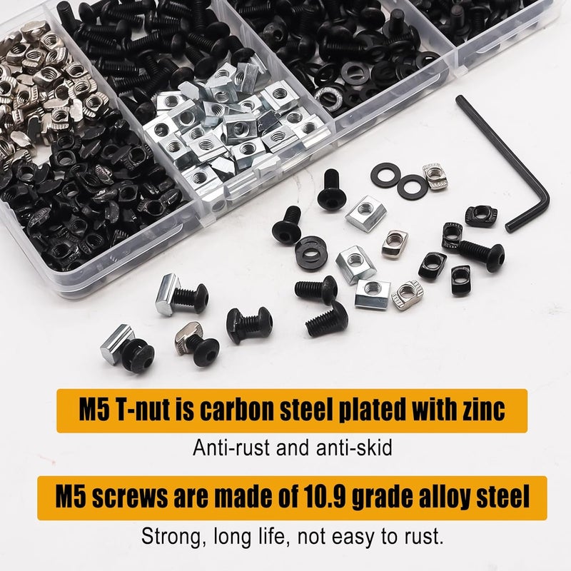 weideer 275PCS M5 T-Nuts Screws Assortment Kit,M5 T-Sliding Nut Hexagon Socket Screw T-Nuts Washers for Mlok Screws and Nuts Replacement Sets for 2020 Series Aluminum - Image 3